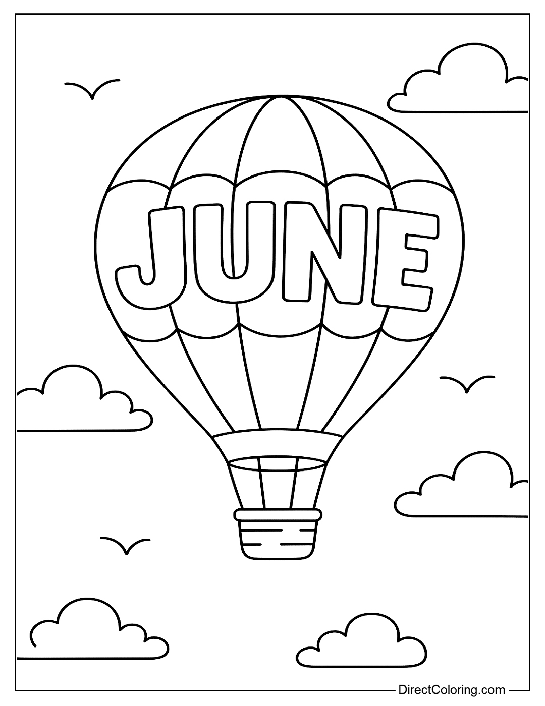 a hot air balloon coloring page flying in the sky, with the word 